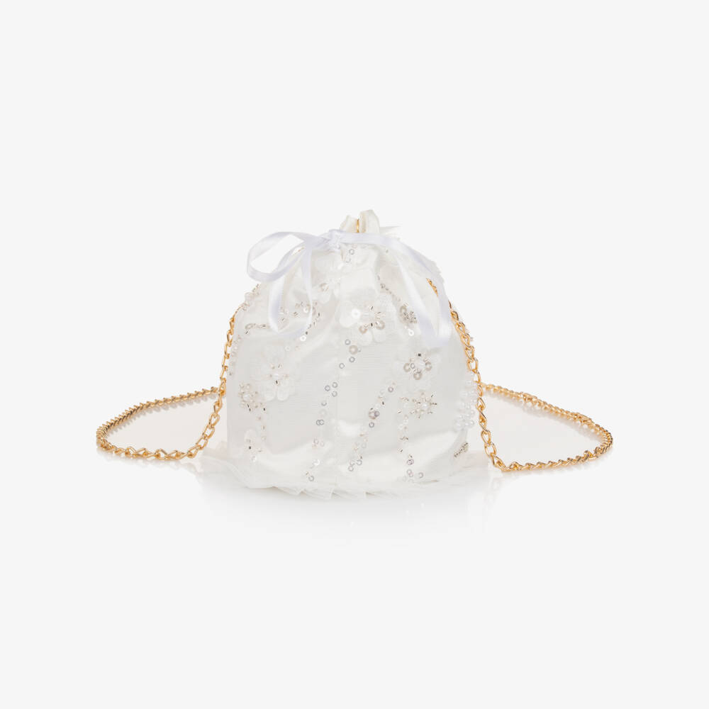 Junona-Girls White Sequinned Tulle & Feather Bag (12cm) | Childrensalon
