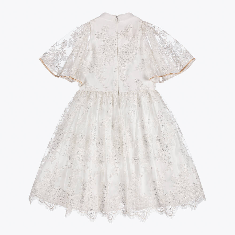 Junona-Girls White Tulle Dress With Collar | Childrensalon