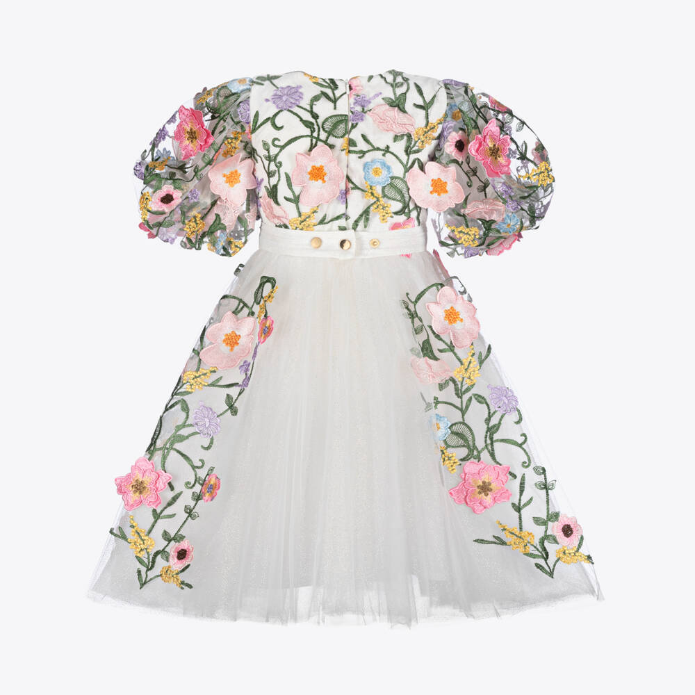 Junona-Girls White Tulle Dress with Colourful Floral Embroidery | Childrensalon