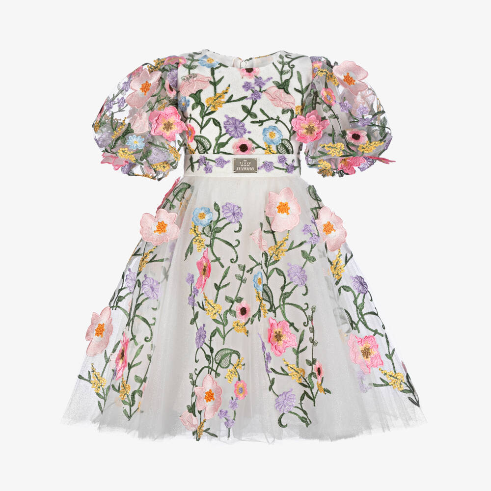 Junona-Girls White Tulle Dress with Colourful Floral Embroidery | Childrensalon