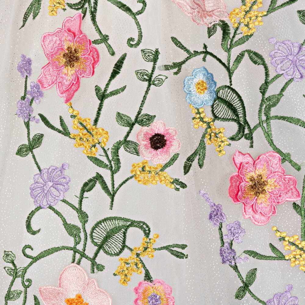 Junona-Girls White Tulle Dress with Colourful Floral Embroidery | Childrensalon