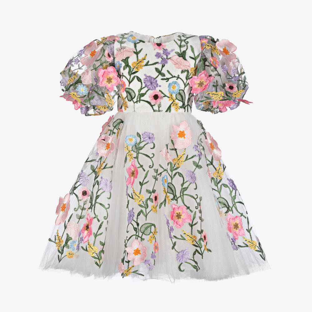 Junona-Girls White Tulle Dress with Colourful Floral Embroidery | Childrensalon