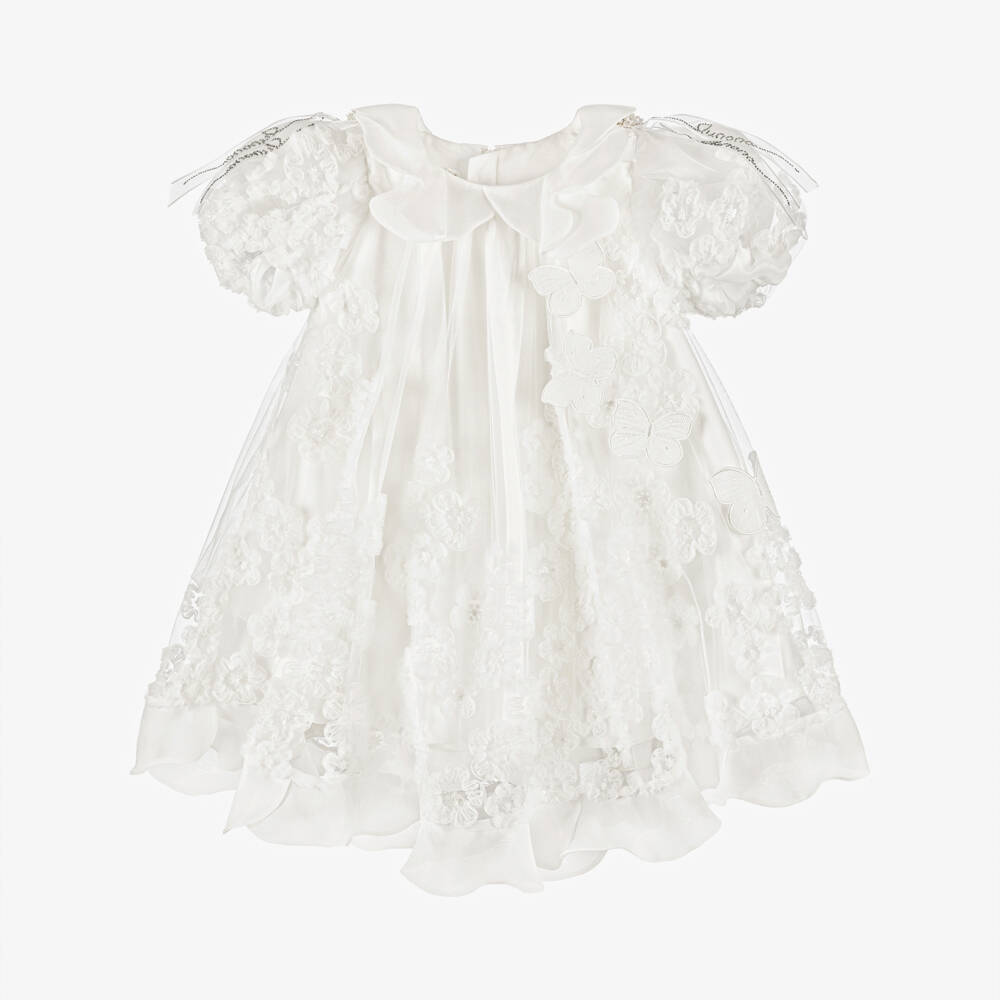 Junona-Girls White Tulle Dress with Flower & Butterfly Appliqués | Childrensalon