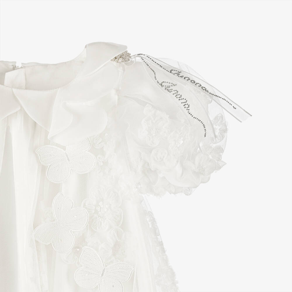 Junona-Girls White Tulle Dress with Flower & Butterfly Appliqués | Childrensalon