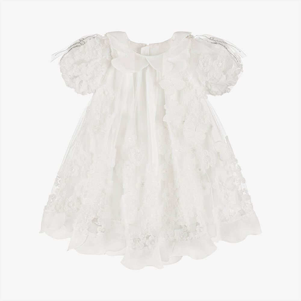 Junona-Girls White Tulle Dress with Flower & Butterfly Appliqués | Childrensalon