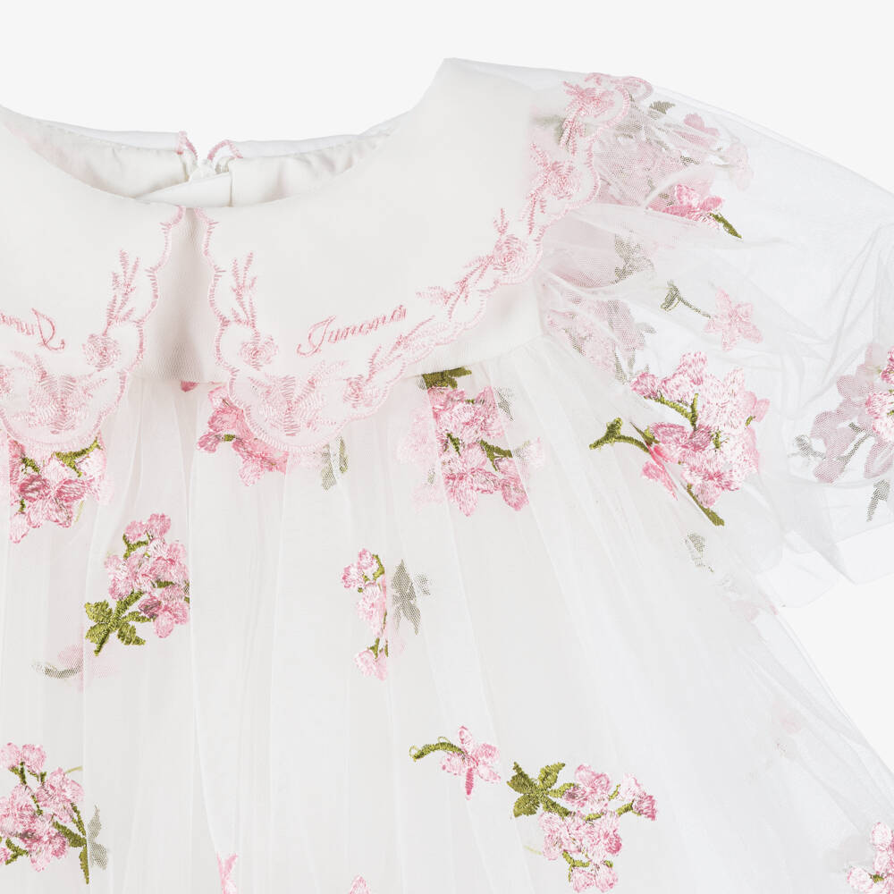 Junona-Girls White Tulle Dress with Pink Embroidered Flowers | Childrensalon