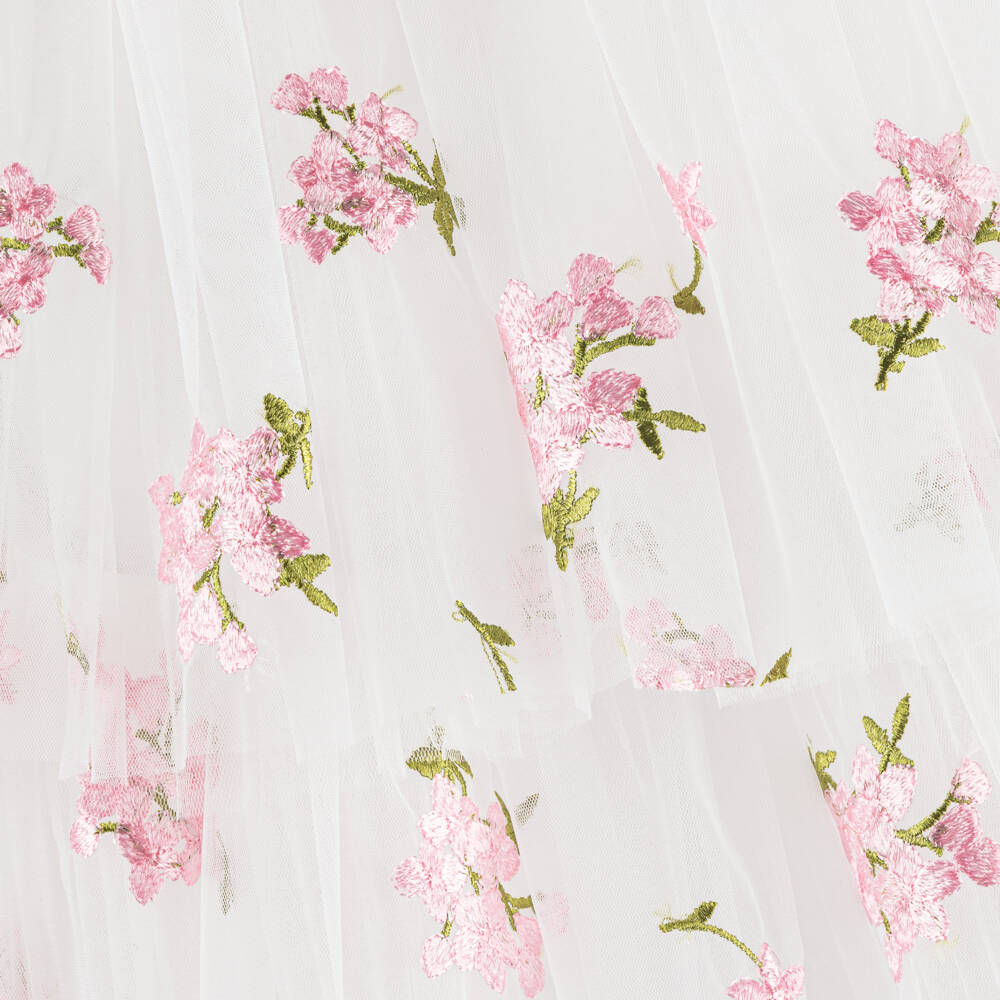 Junona-Girls White Tulle Dress with Pink Embroidered Flowers | Childrensalon