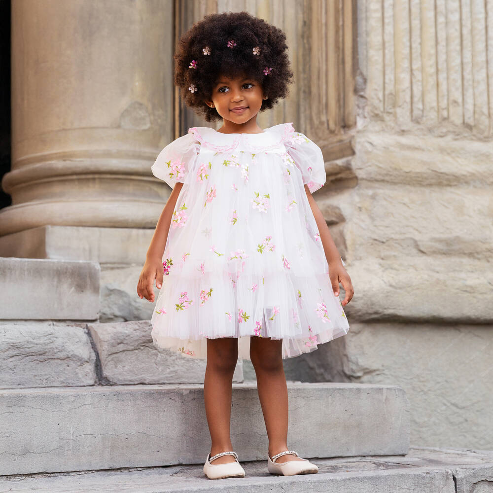 Junona-Платье белое из тюля с розовыми вышитыми цветами для девочек | Childrensalon