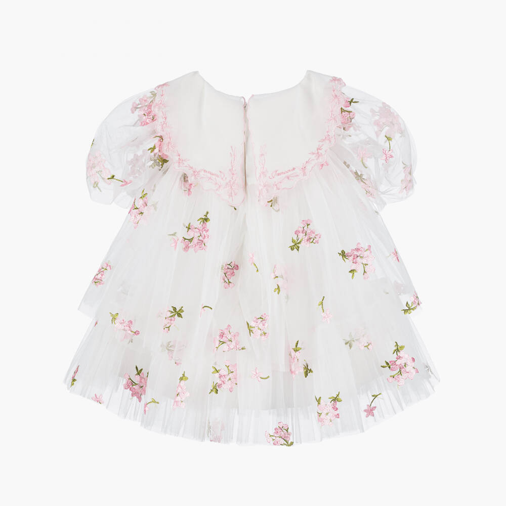 Junona-Girls White Tulle Dress with Pink Embroidered Flowers | Childrensalon