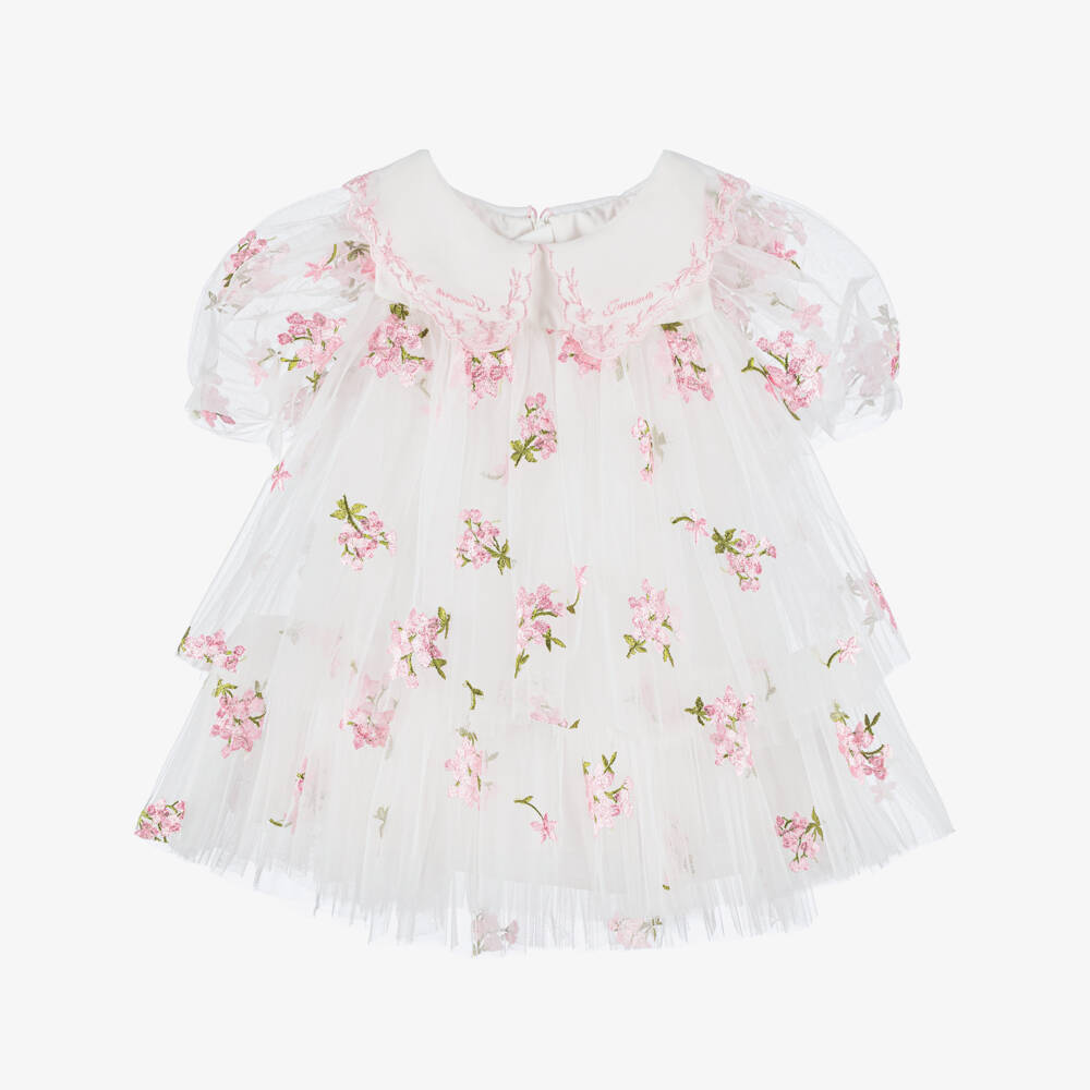 Junona-Girls White Tulle Dress with Pink Embroidered Flowers | Childrensalon