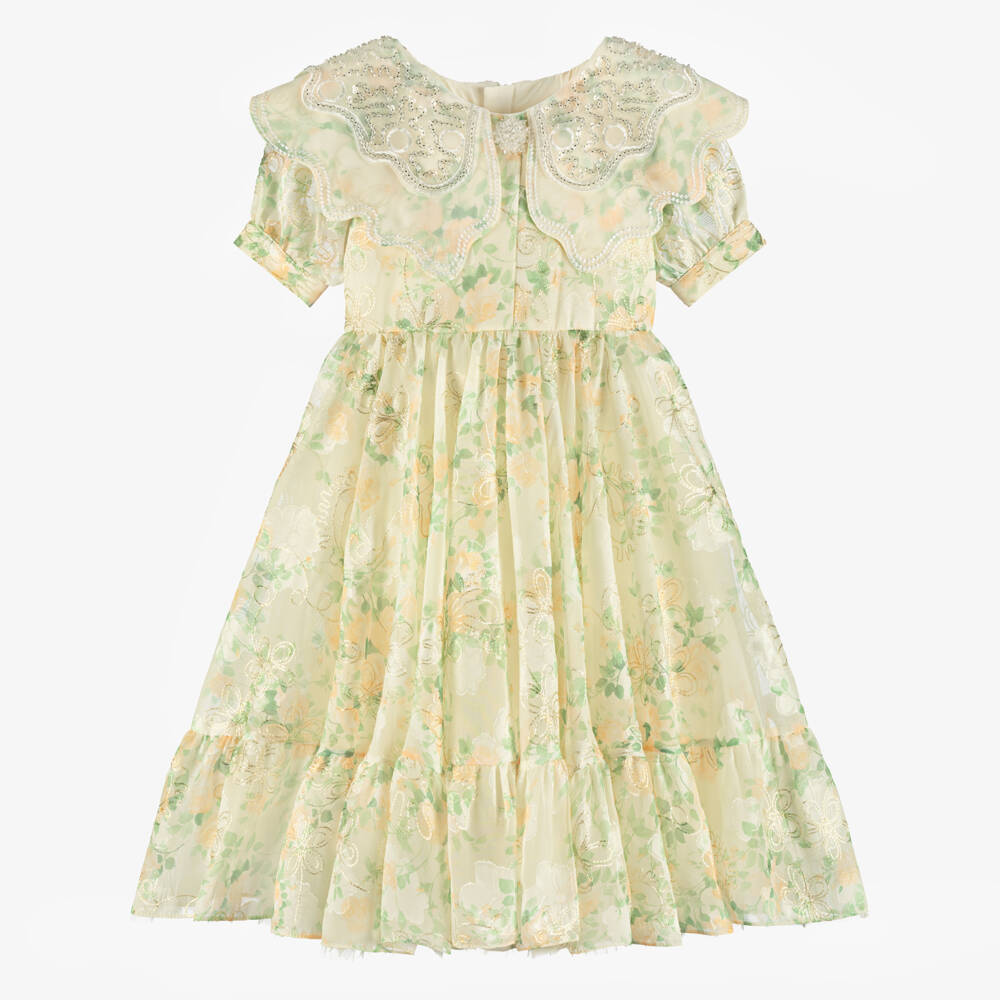 Junona-Girls Yellow Floral Jacquard Organza Dress | Childrensalon