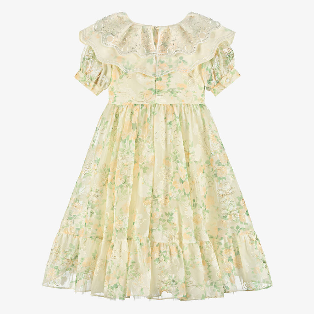 Junona-Girls Yellow Floral Jacquard Organza Dress | Childrensalon