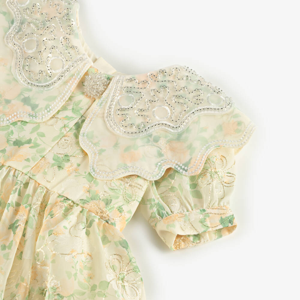 Junona-Girls Yellow Floral Jacquard Organza Dress | Childrensalon