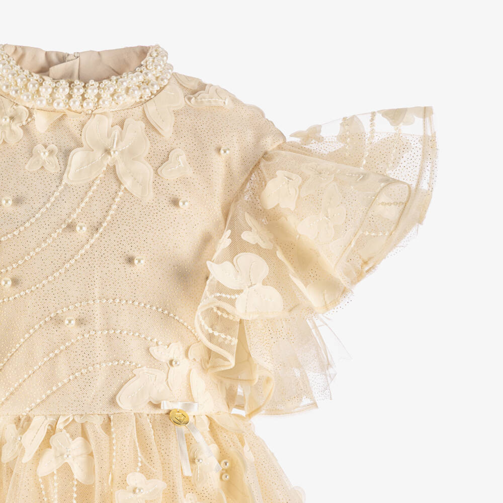Junona-Girls Golden Ivory Beaded Butterfly Tulle Dress | Childrensalon