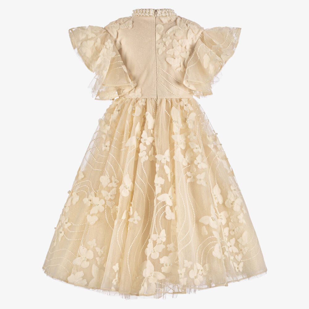 Junona-Girls Golden Ivory Beaded Butterfly Tulle Dress | Childrensalon