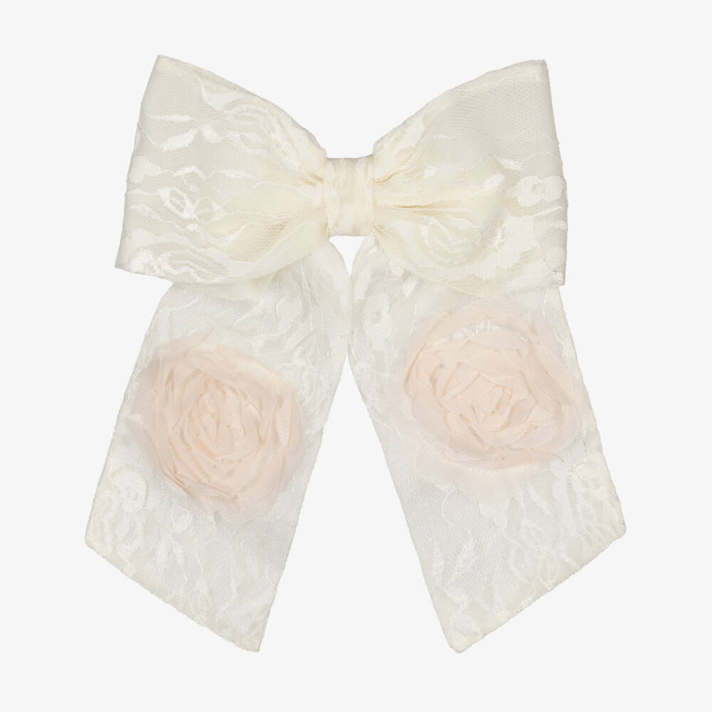 Junona-Ivory Lace Bow Hair Clip with Flowers (16cm) | Childrensalon