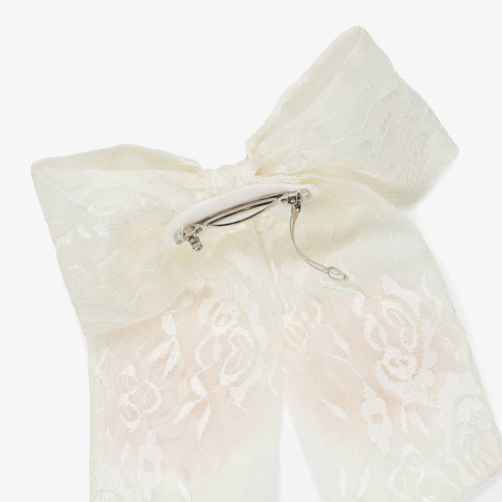 Junona-Ivory Lace Bow Hair Clip with Flowers (16cm) | Childrensalon