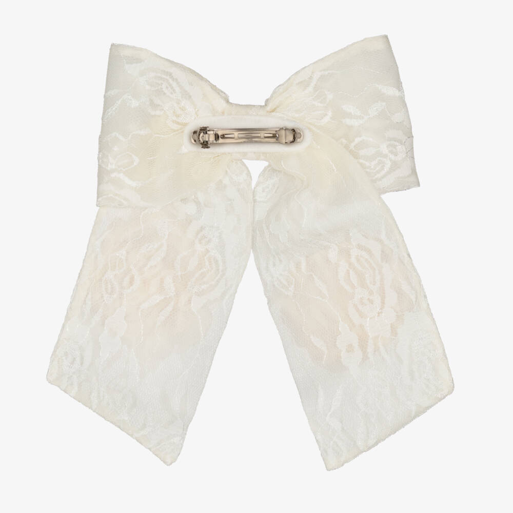 Junona-Ivory Lace Bow Hair Clip with Flowers (16cm) | Childrensalon
