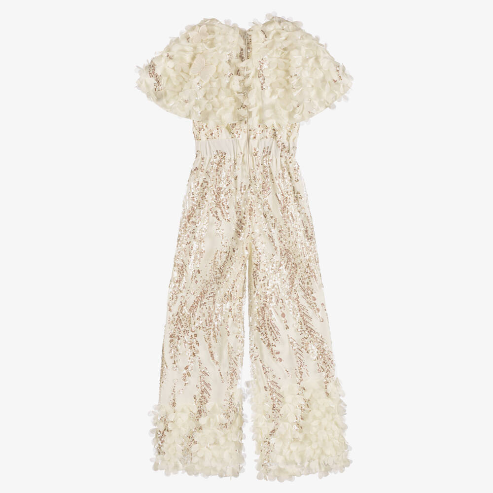Junona-Girls Ivory Sequin & Flower Jumpsuit | Childrensalon