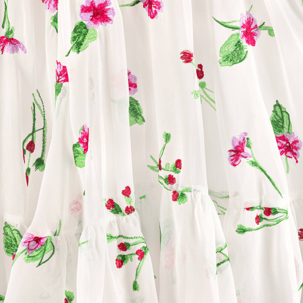 Junona-Girls White Chiffon Dress with Pink Floral Embroidery | Childrensalon