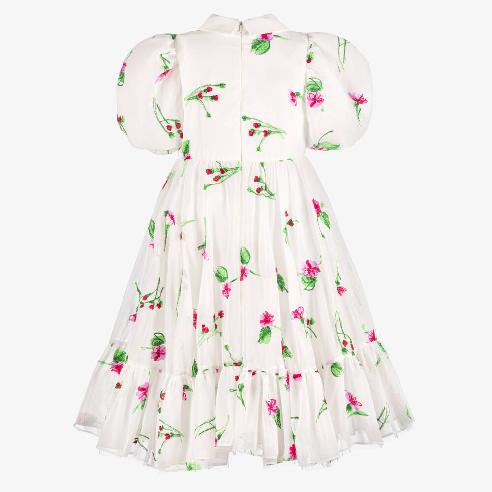 Junona-Girls White Chiffon Dress with Pink Floral Embroidery | Childrensalon