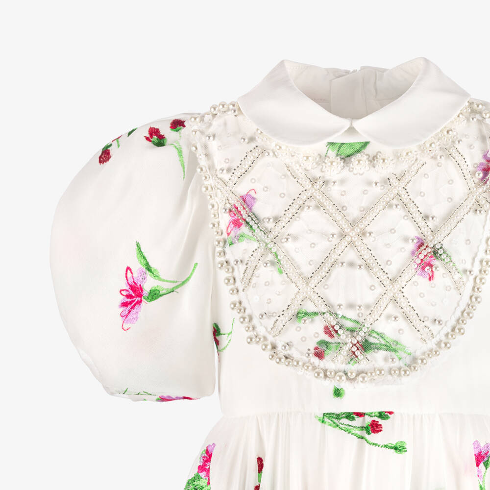 Junona-Girls White Chiffon Dress with Pink Floral Embroidery | Childrensalon