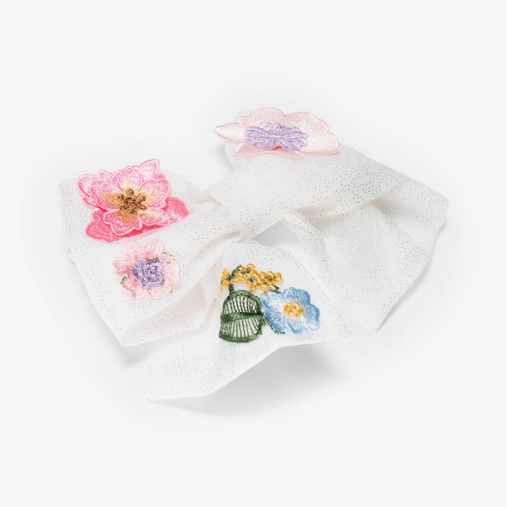 Junona-Girls White Floral Tulle Bow Hair Clip (23cm) | Childrensalon