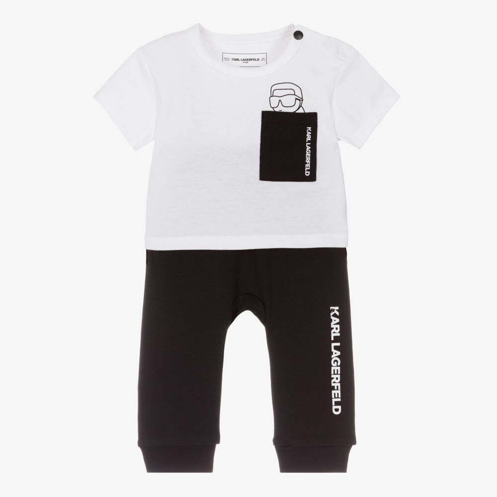 KARL LAGERFELD KIDS-Baby Boys White & Black Cotton T-Shirt & Joggers Set | Childrensalon
