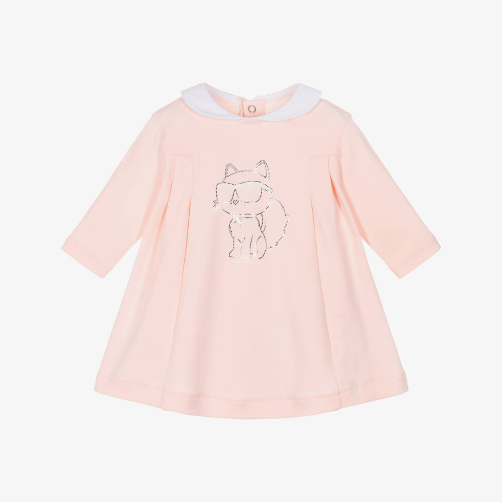 KARL LAGERFELD KIDS-Baby Girls Pink Cotton Dress with Choupette Motif | Childrensalon
