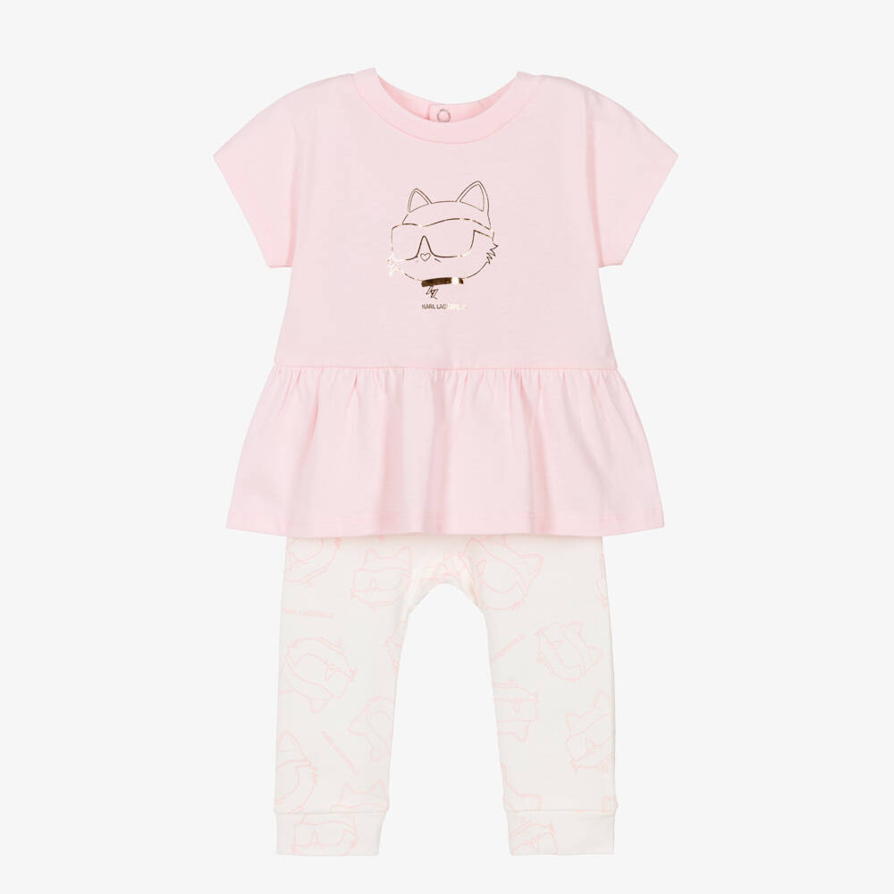 KARL LAGERFELD KIDS-Baby Girls Pink Cotton Top & Leggings Set with Choupette Logo | Childrensalon
