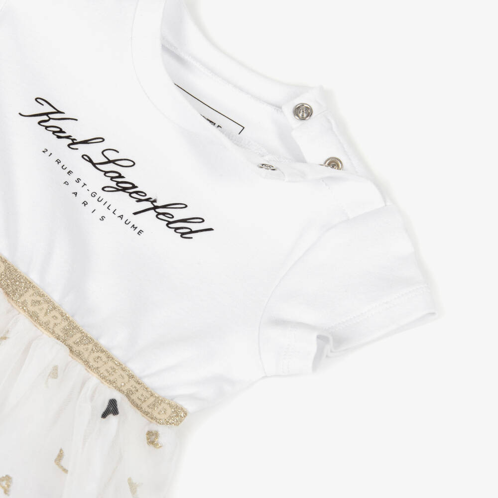 KARL LAGERFELD KIDS-Платье белое из хлопкового трикотажа и тюля для малышек | Childrensalon