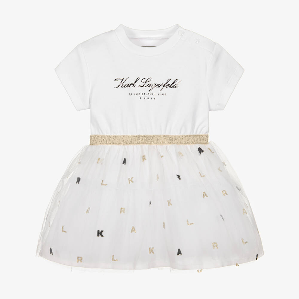 KARL LAGERFELD KIDS-Baby Girls White Cotton Jersey & Tulle Dress | Childrensalon