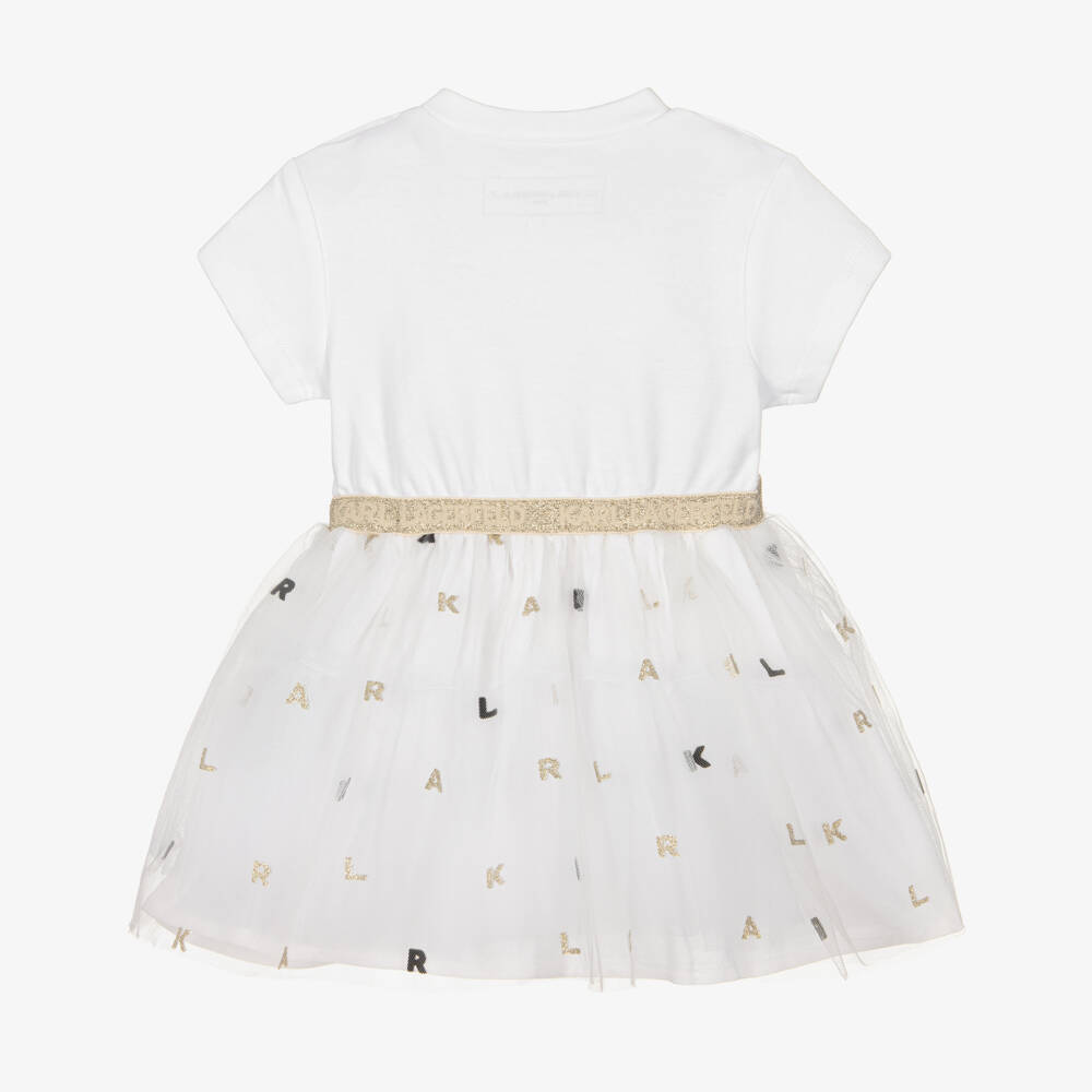 KARL LAGERFELD KIDS-Платье белое из хлопкового трикотажа и тюля для малышек | Childrensalon