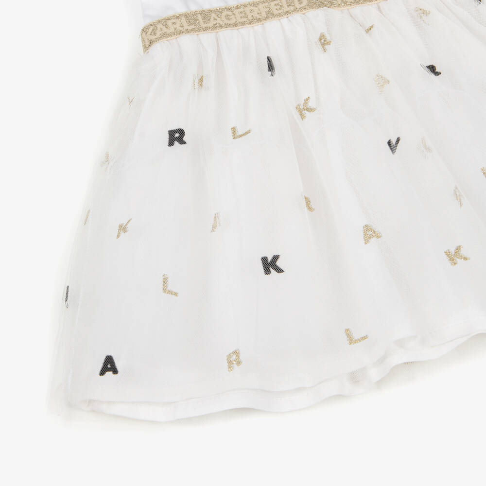 KARL LAGERFELD KIDS-Платье белое из хлопкового трикотажа и тюля для малышек | Childrensalon