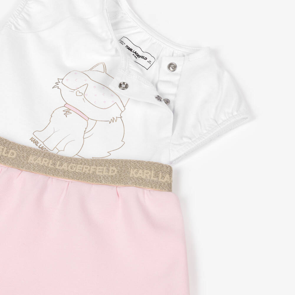 KARL LAGERFELD KIDS-Baby Girls White & Pink Jersey Choupette Top & Skirt Set | Childrensalon