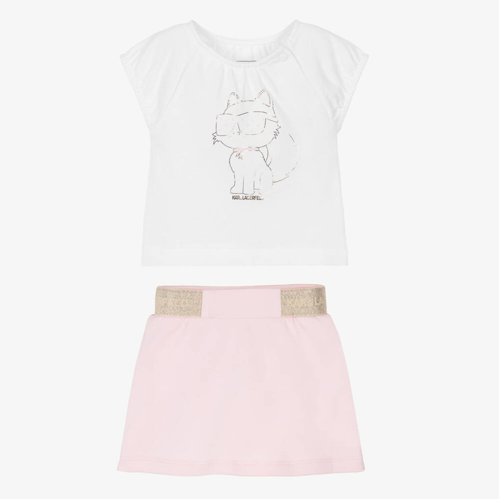 KARL LAGERFELD KIDS-Baby Girls White & Pink Jersey Choupette Top & Skirt Set | Childrensalon