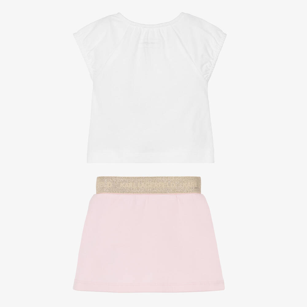 KARL LAGERFELD KIDS-Baby Girls White & Pink Jersey Choupette Top & Skirt Set | Childrensalon