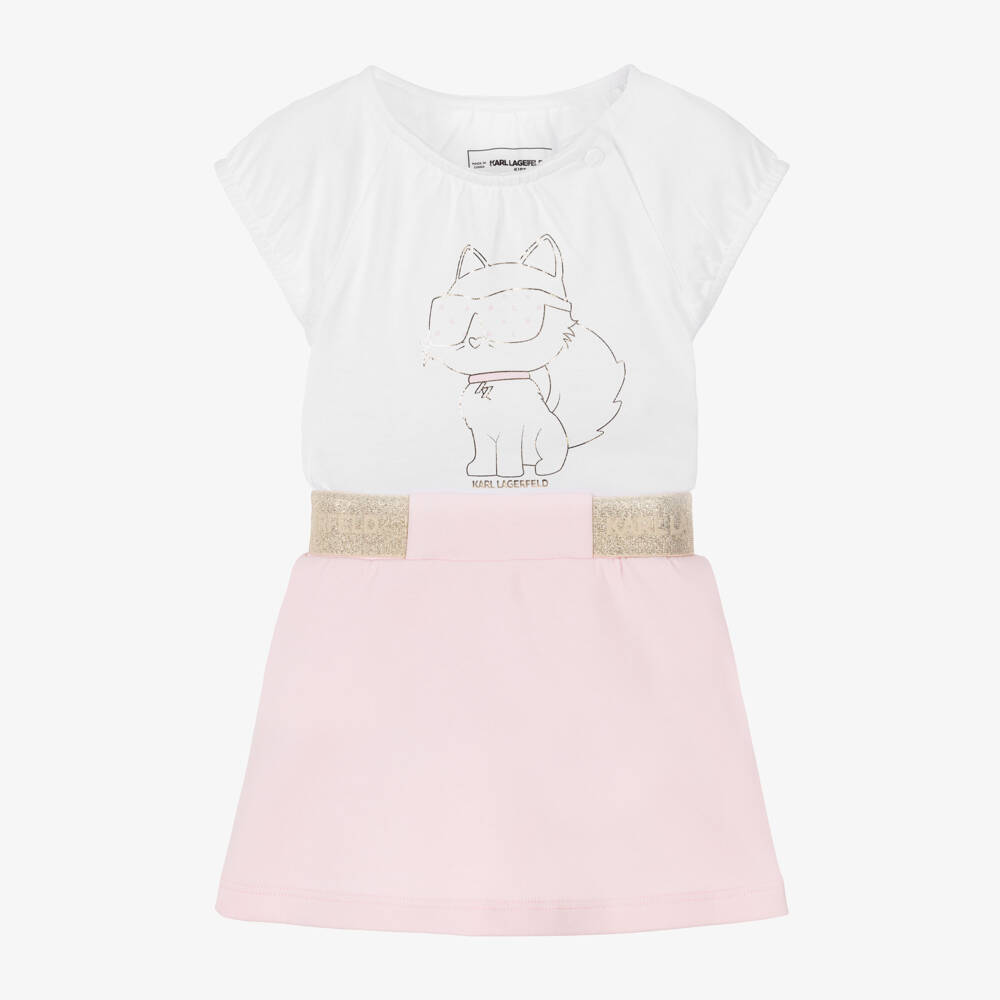 KARL LAGERFELD KIDS-Baby Girls White & Pink Jersey Choupette Top & Skirt Set | Childrensalon