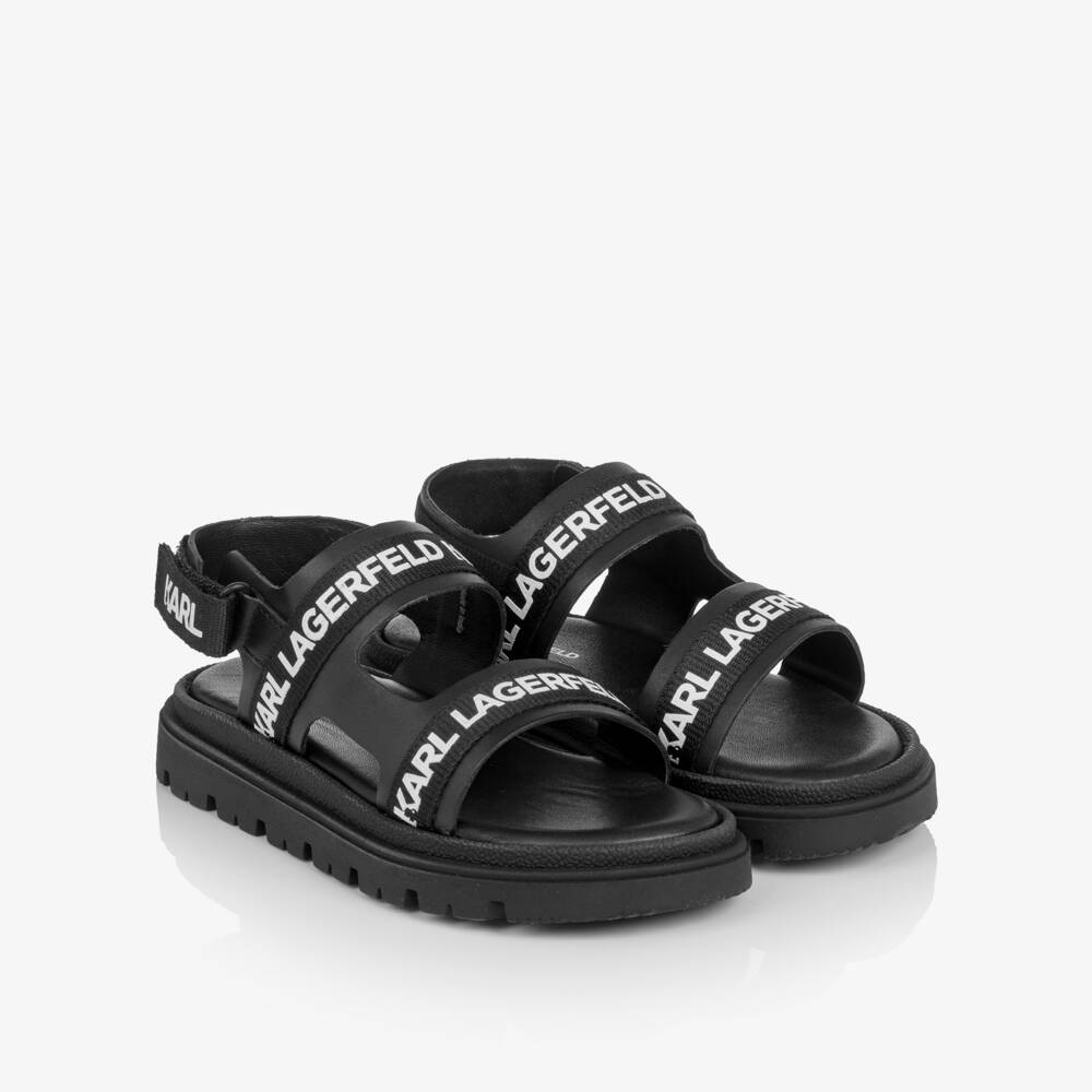 KARL LAGERFELD KIDS-Black Velcro Sandals with Logo Trims | Childrensalon