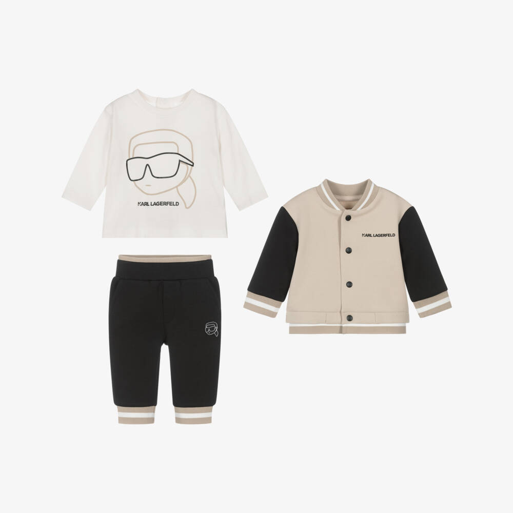 KARL LAGERFELD KIDS-Boys Beige & Black Cotton Tracksuit Set | Childrensalon