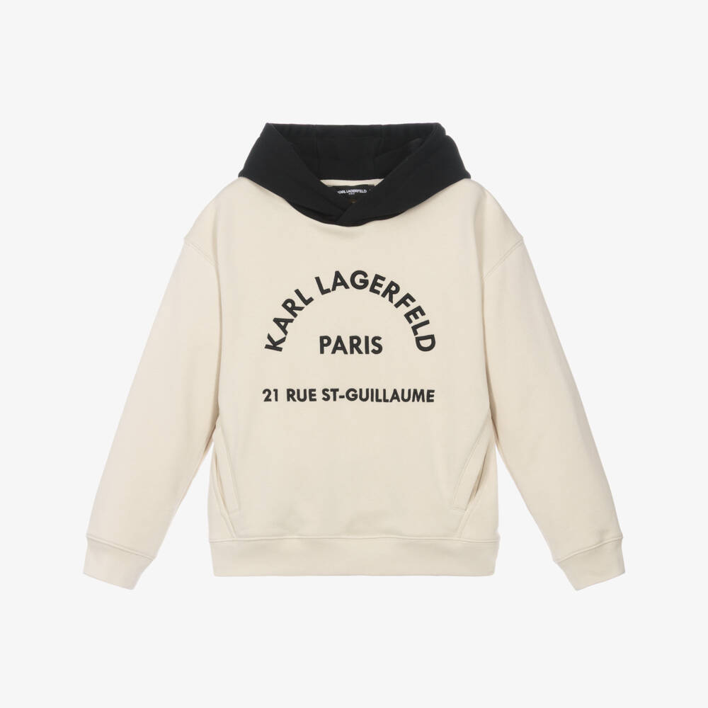 KARL LAGERFELD KIDS-Boys Beige & Black Logo Cotton Jersey Hoodie | Childrensalon
