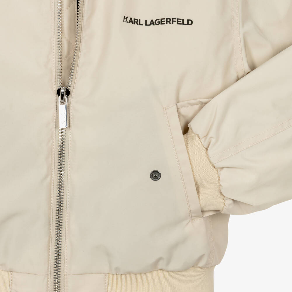 KARL LAGERFELD KIDS-Boys Beige Bomber Jacket with Black Logo Print | Childrensalon