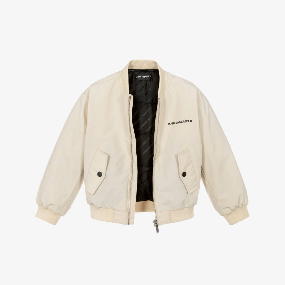 KARL LAGERFELD KIDS-Boys Beige Bomber Jacket with Black Logo Print | Childrensalon