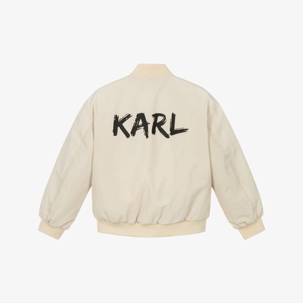 KARL LAGERFELD KIDS-Boys Beige Bomber Jacket with Black Logo Print | Childrensalon