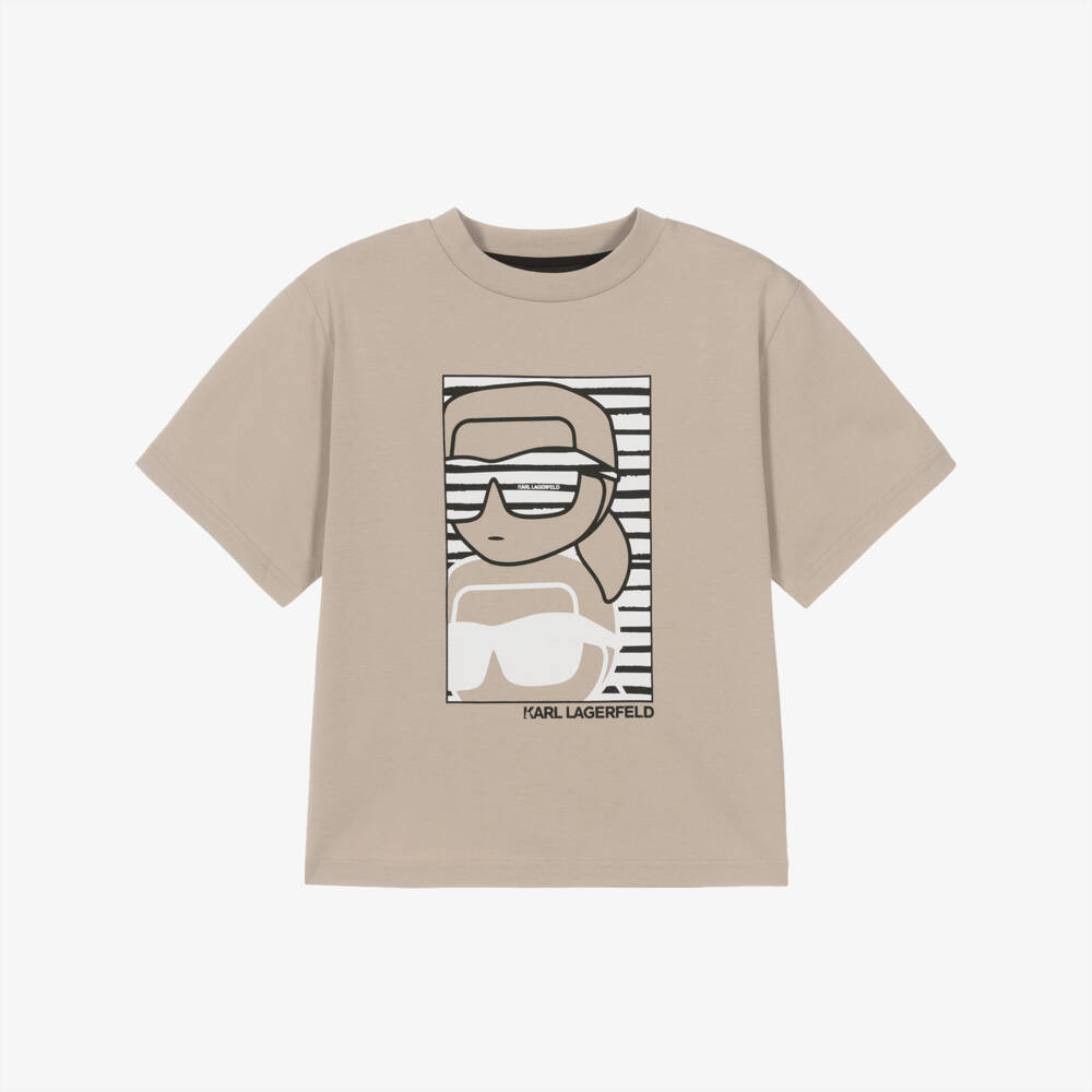 KARL LAGERFELD KIDS-Boys Beige Ikon Logo Cotton Jersey T-Shirt | Childrensalon