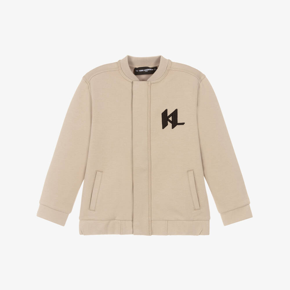 KARL LAGERFELD KIDS-Boys Beige Jersey Jacket with KL Monogram Embroidery | Childrensalon