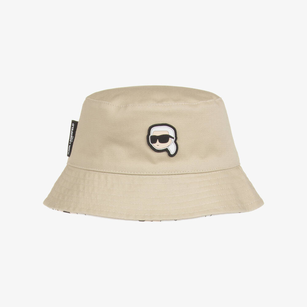 KARL LAGERFELD KIDS-Boys Beige Reversible Bucket Hat with Karl Logos | Childrensalon