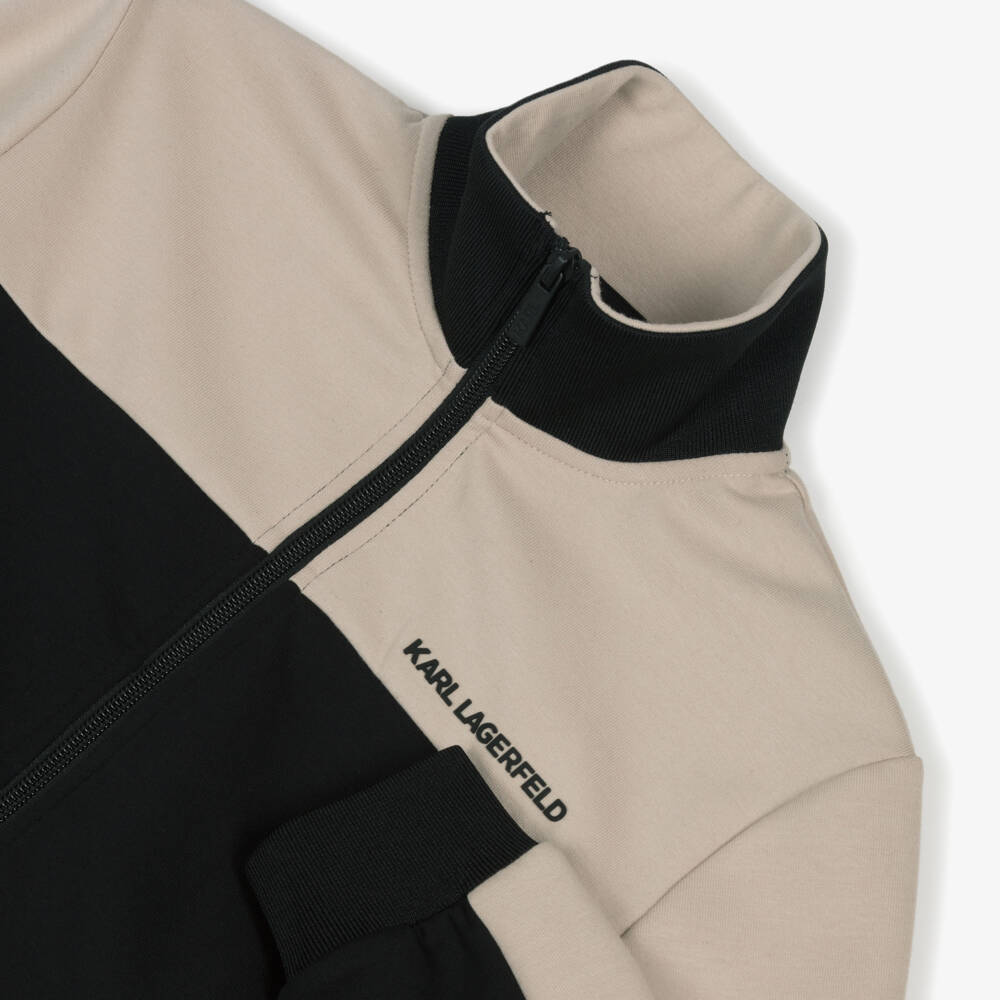 KARL LAGERFELD KIDS-Топ на молнии черно-бежевый из хлопкового трикотажа для мальчиков | Childrensalon