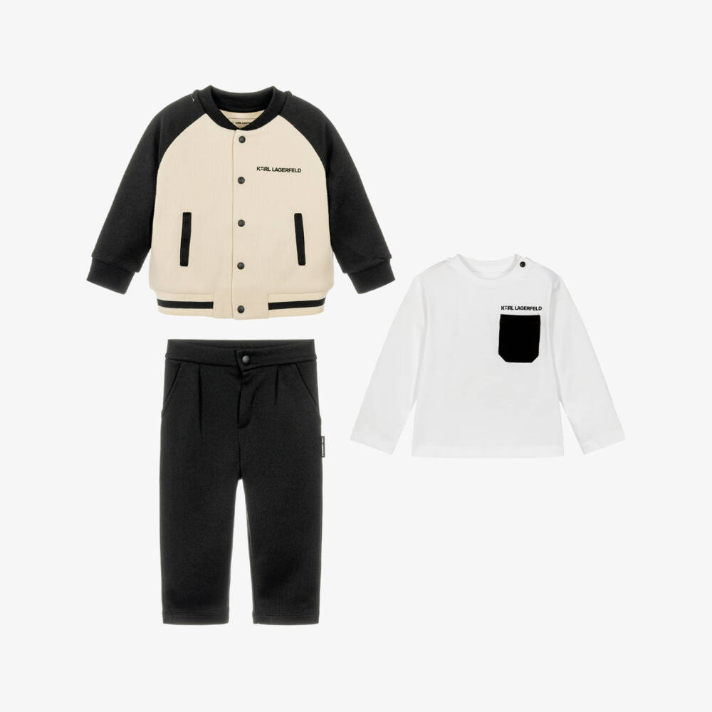 KARL LAGERFELD KIDS-Boys Black & Beige Piqué Jersey Tracksuit Set | Childrensalon