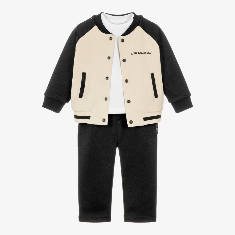 KARL LAGERFELD KIDS-Boys Black & Beige Piqué Jersey Tracksuit Set | Childrensalon